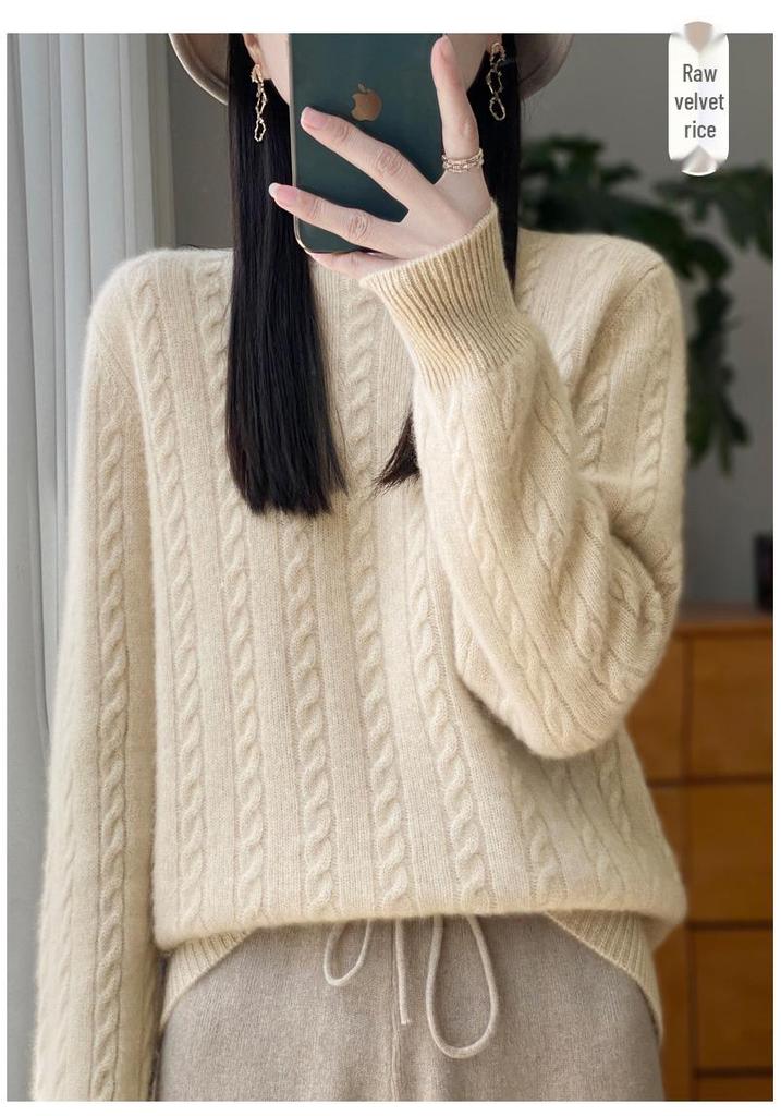 Women's Retro Cable Knit Wool Sweater - Ancola Red Long Sleeve, Half-High Neck, Autumn Winter Style