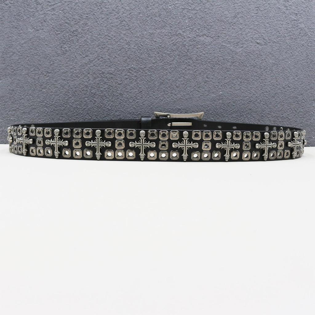 Heavy-Duty Cowhide Leather Belt with Double-Needle Rivets and Hollow Eyelets