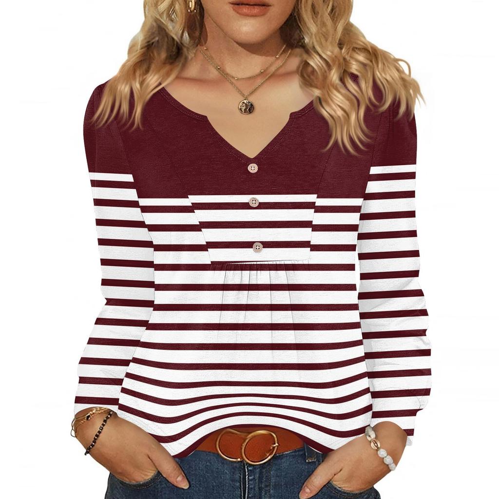 Women's Fashionable Casual V-neck Blouse Button Long-sleeved Pullover T-shirt Top