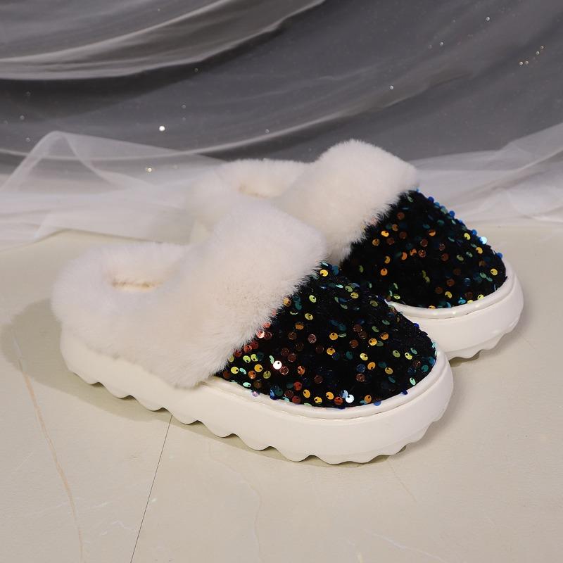 Cotton Slippers with Girly Glitter, Wide Fuzzy Collar, Plush-Topped, Warm Home Cotton Slippers