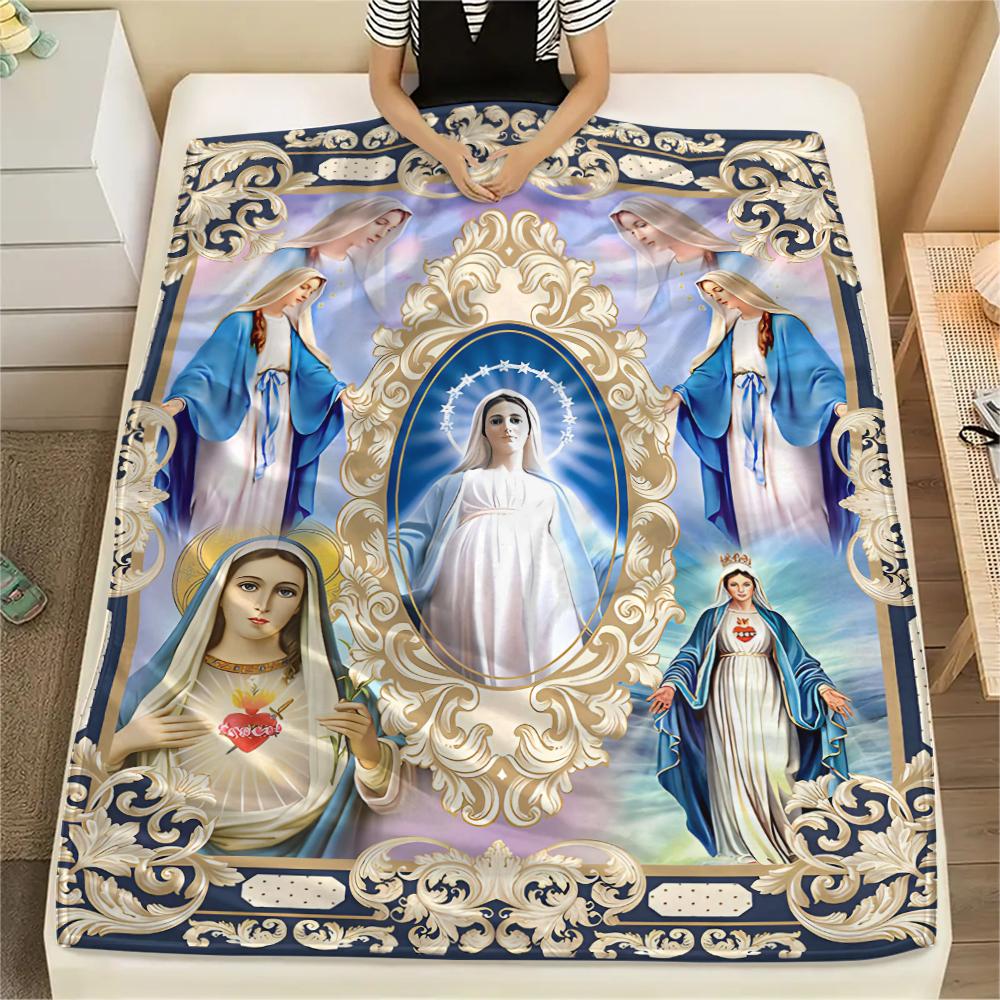 1Pc Virgin Mary Print Flannel Blanket, High quality Comfortable for All Seasons, Home Decor, Warmth and Comfort, Perfect for Christmas Gifts