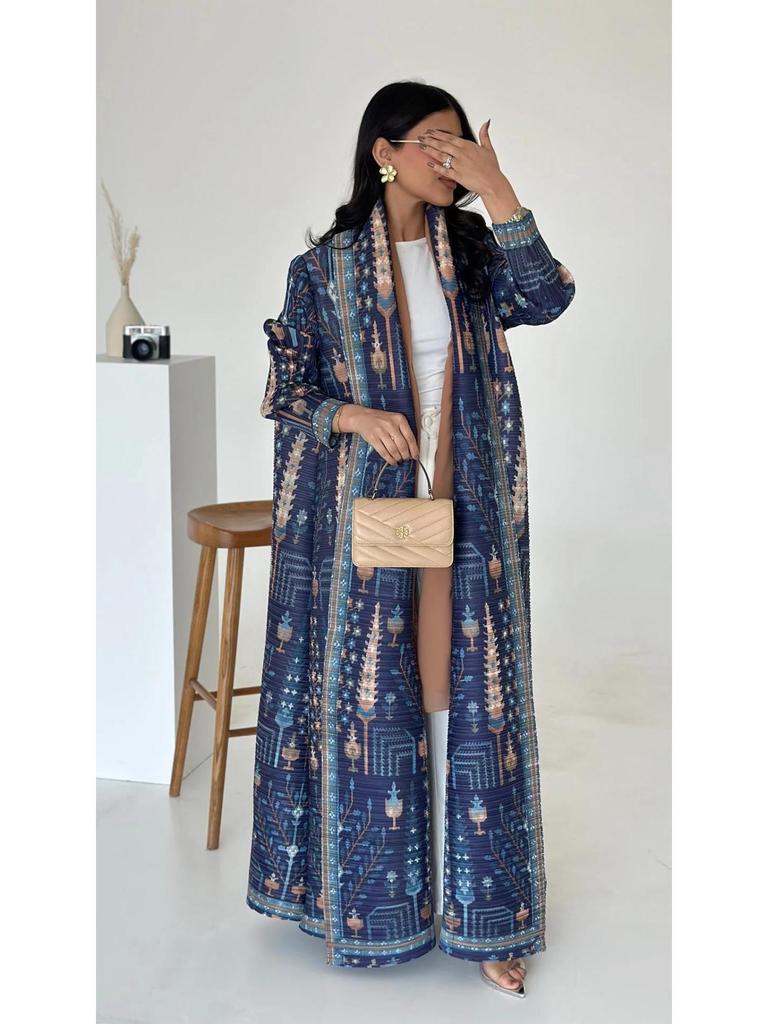 Miyake Pleats Women's High-End Printed Trench Coat Cardigan Muslim Robe