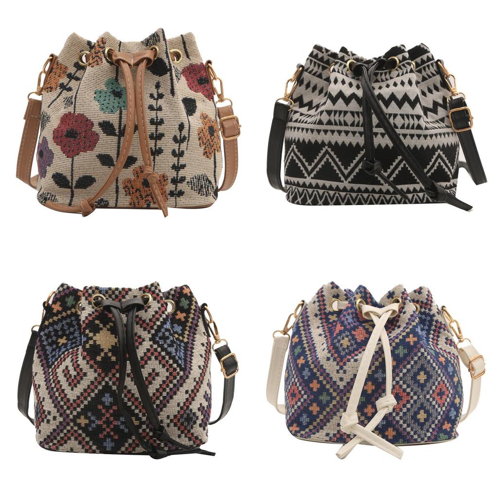 Boho Style Canvas Water Bucket Bag With Drawstring Closure For Daily Casual Use