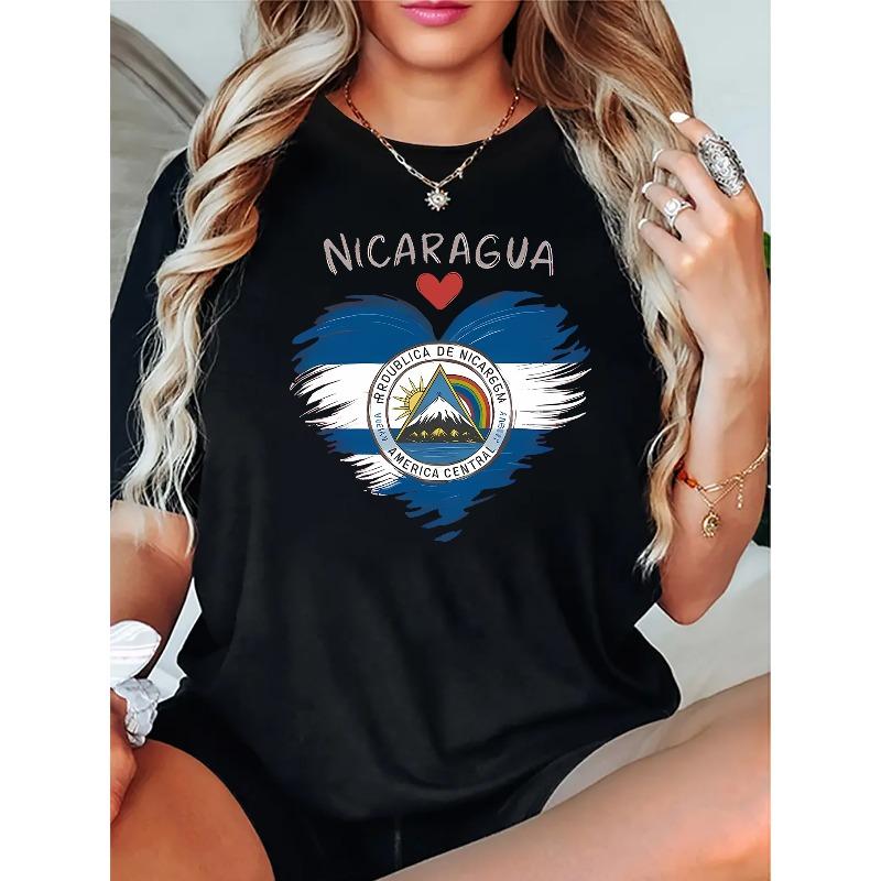 

European Size Women s Casual Short Sleeve T-Shirt - I Love Nicaragua Flag & Pledge Graphic Print, Round Neck, Medium Stretch, Machine Washable 4XL чорний