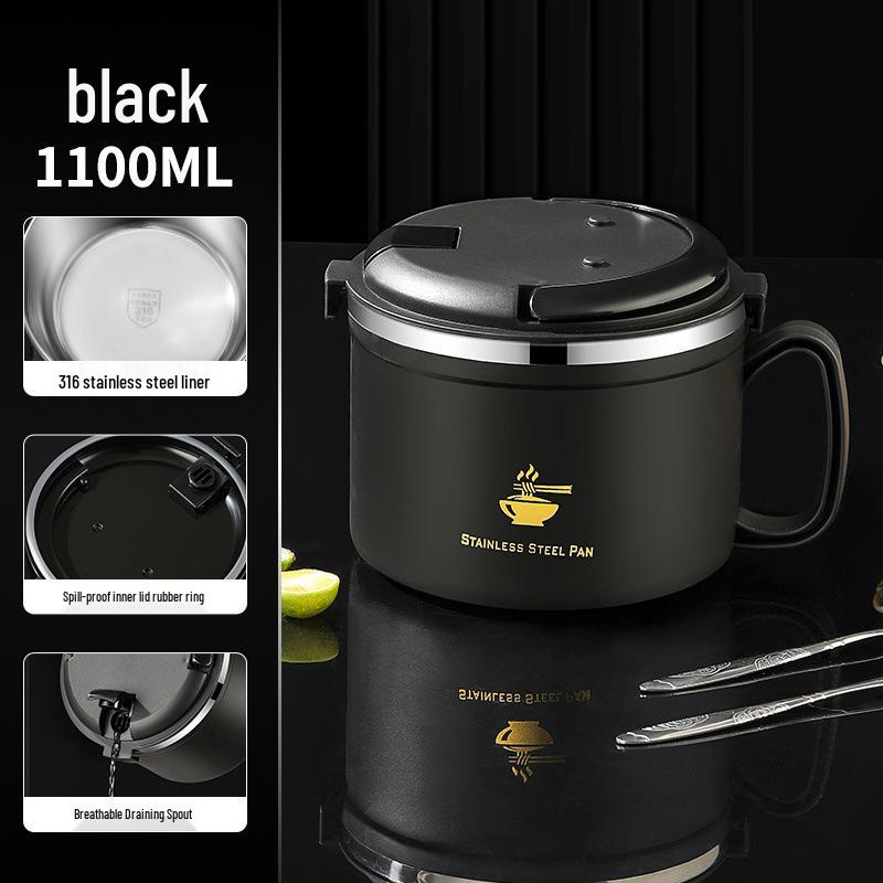 316 Food-Grade Stainless Steel Noodle Bowl with Lid and Drain for Dorm or Canteen; Easy-to-Clean.