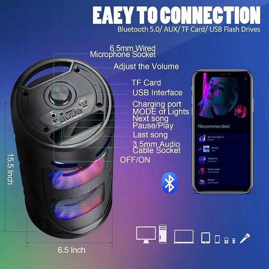 Портативная Bluetooth-колонка, 30 Вт, Беспроводная колонка с двойными 4-дюймовыми полнодиапазонными стереодинамиками, Светодиодная подсветка смешанного цвета, Пульт ДУ