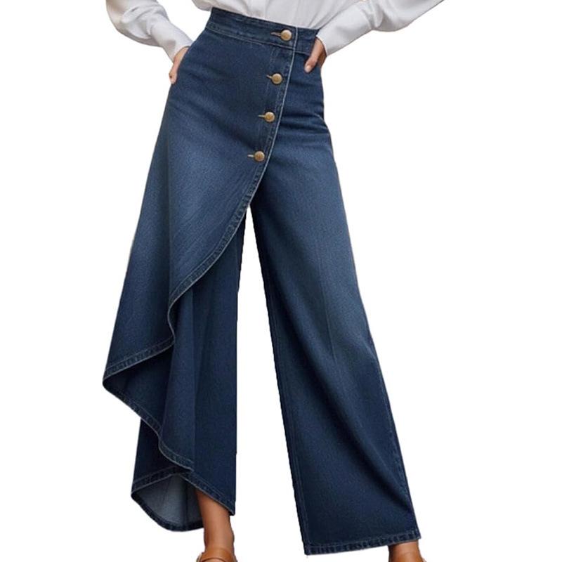 

European & American Casual Washed Denim Button-Down Skirt Pants for Women Medium темно-синий