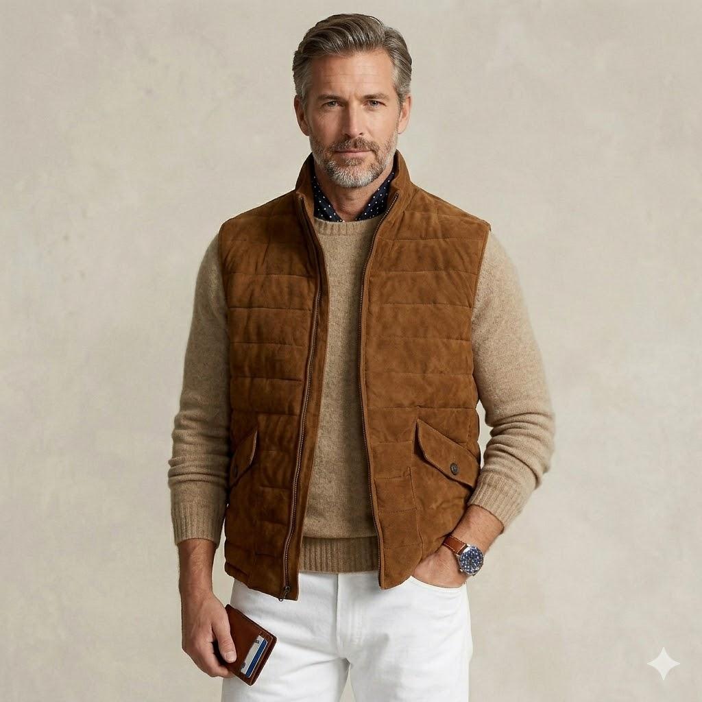Gilet Piumino da Uomo in Scamosciato Vestibilità Biker Giacca Gilet Biker Fatto a Mano Pelle di Agnello Marrone