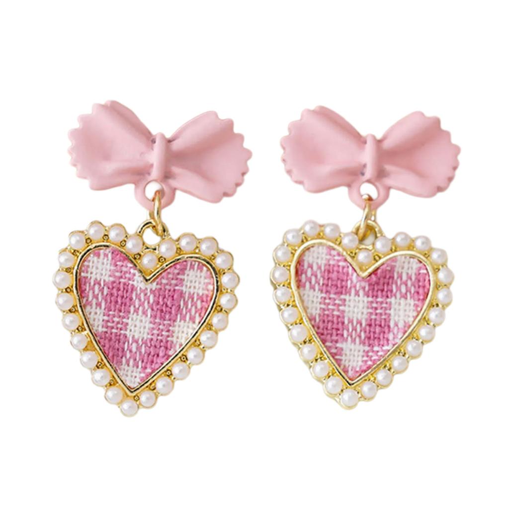 Trend Heart Dangle Earrings Handmade Hanging Love Grid Bowknot Earrings Ornament for Women Girls Wedding Party Jewelry