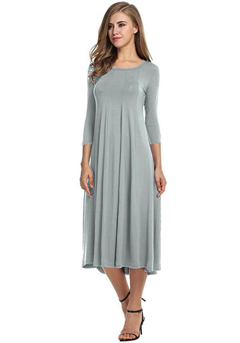 

2023 European & American Spring/Autumn Mid-Sleeve Solid Color Round Neck Dress with Flared Hem 2XL