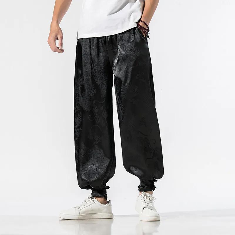 2026 Summer Chinese Style Men Dragon Print Casual Harem Pants Men Wide Leg Jogger Trousers Male Hip Hop Loose Ankle Banded Pants