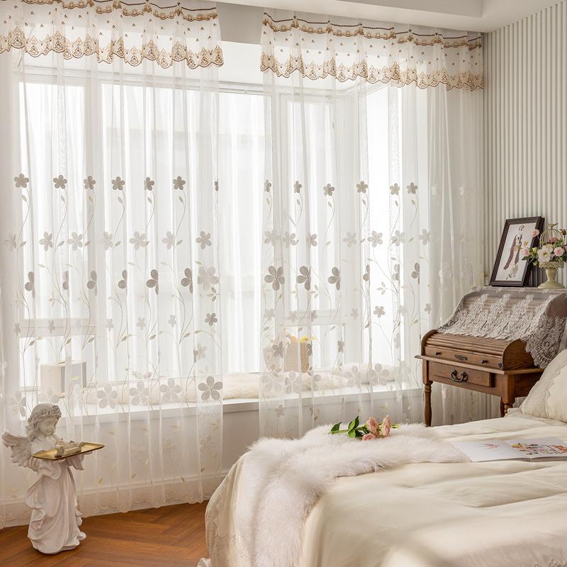 Embroidered Relief European American Flower Pattern Curtains, Transparent Rod Pockets for Seasonal Decoration, Reference Bedroom, Living Room