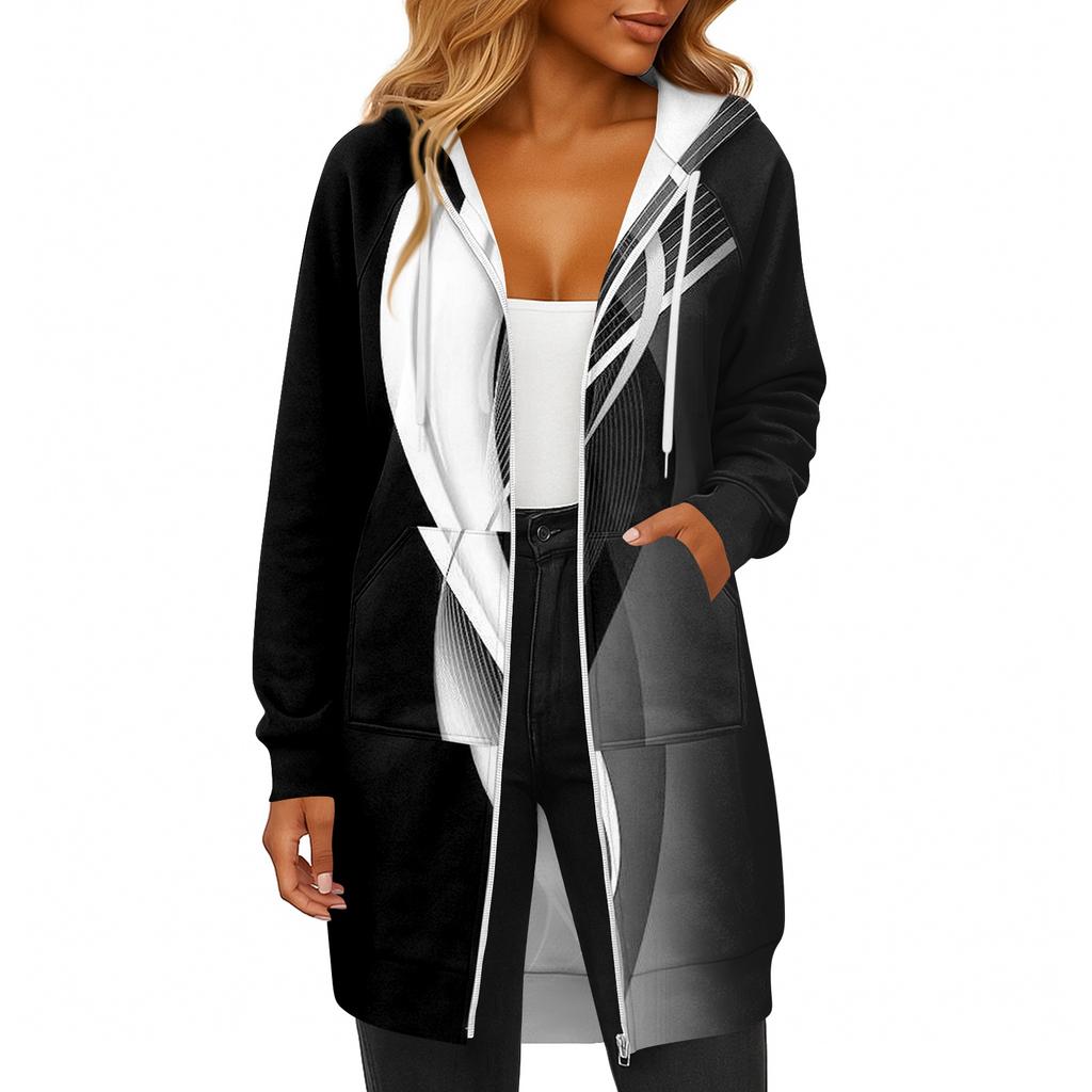 Women's Fashionable Printed  Long Sleeved Drawstring Hooded Zipper Pocket Long Casual Sweatshirt Jacket