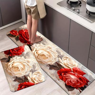 1 pz tappeti da cucina anti-fatica, tappetino da cucina imbottito spesso antiscivolo impermeabile con stampa di rose morbide di lusso, tappetino da cucina resistente e confortevole per la cucina