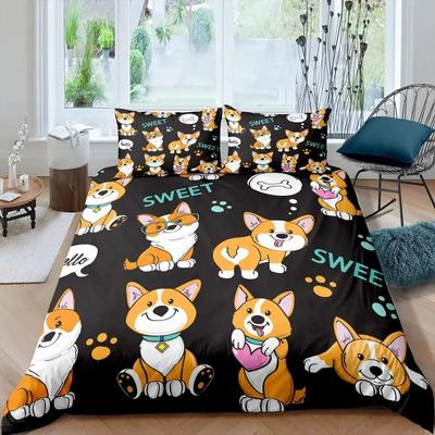 Kinder Corgi Hund Bettwäscheset King Queen Größe Niedlicher Welpe Bettbezugset Cartoon Haustier Tier Bettdeckenbezug Mikrofaser Steppdeckenbezug