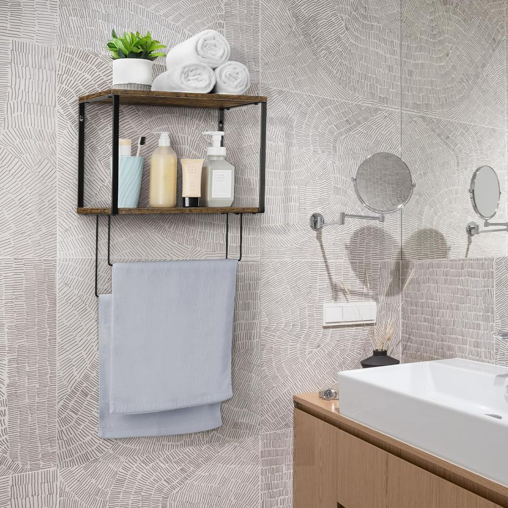 2 Tier Bathroom Shelf with Towel Bar Wall Mount Towel Rack Kitchen Storage Shelf