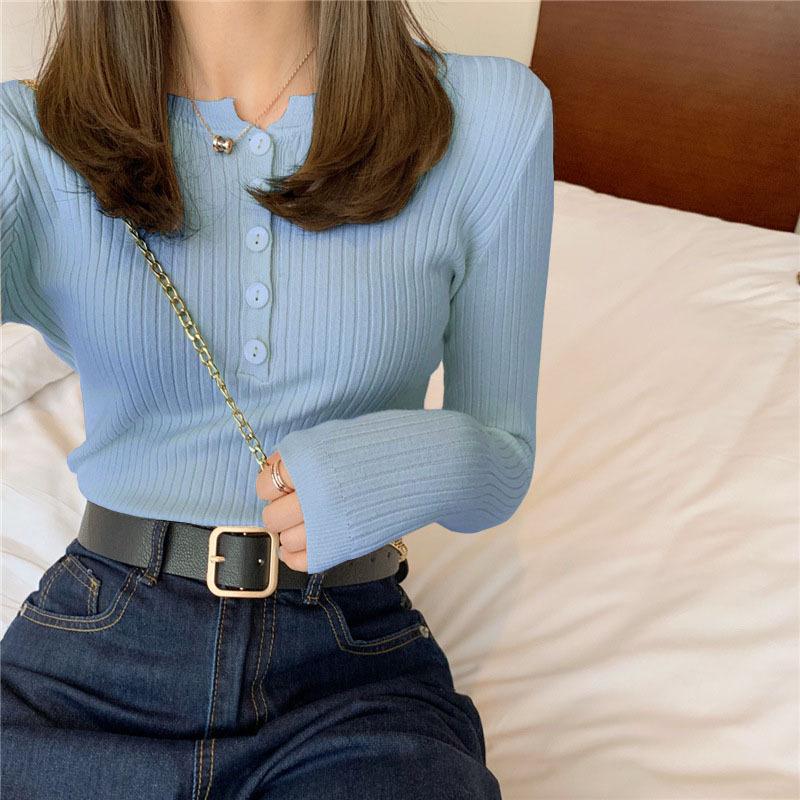 Women Long Sleeve Knitted Sweater Spring Autumn Button O Neck Inside Tight Knit Pullover Top