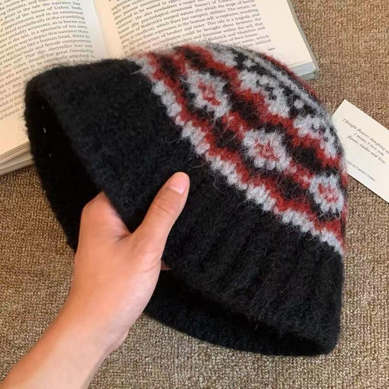 Women Fair Isle Knit Fisherman Hat Large Head Size Warm Bucket Hat