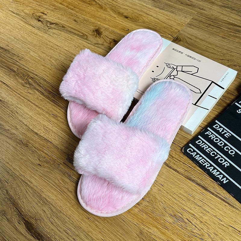 Plus Size Fluffy Rabbit Fur One-Strap Flat Bottom Slippers