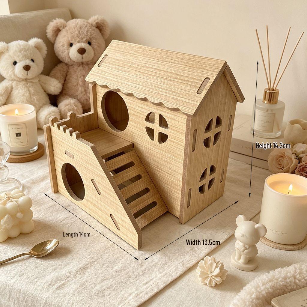 Golden Hamster Wooden House & Climbing Ladder Set - Interactive Hideout Toy