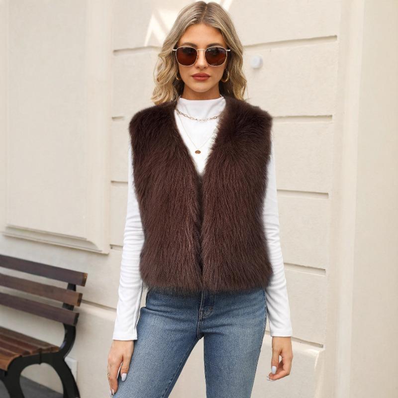 Women's Striped Faux Fur Vest Sleeveless Open-Front Warm Waistcoat
