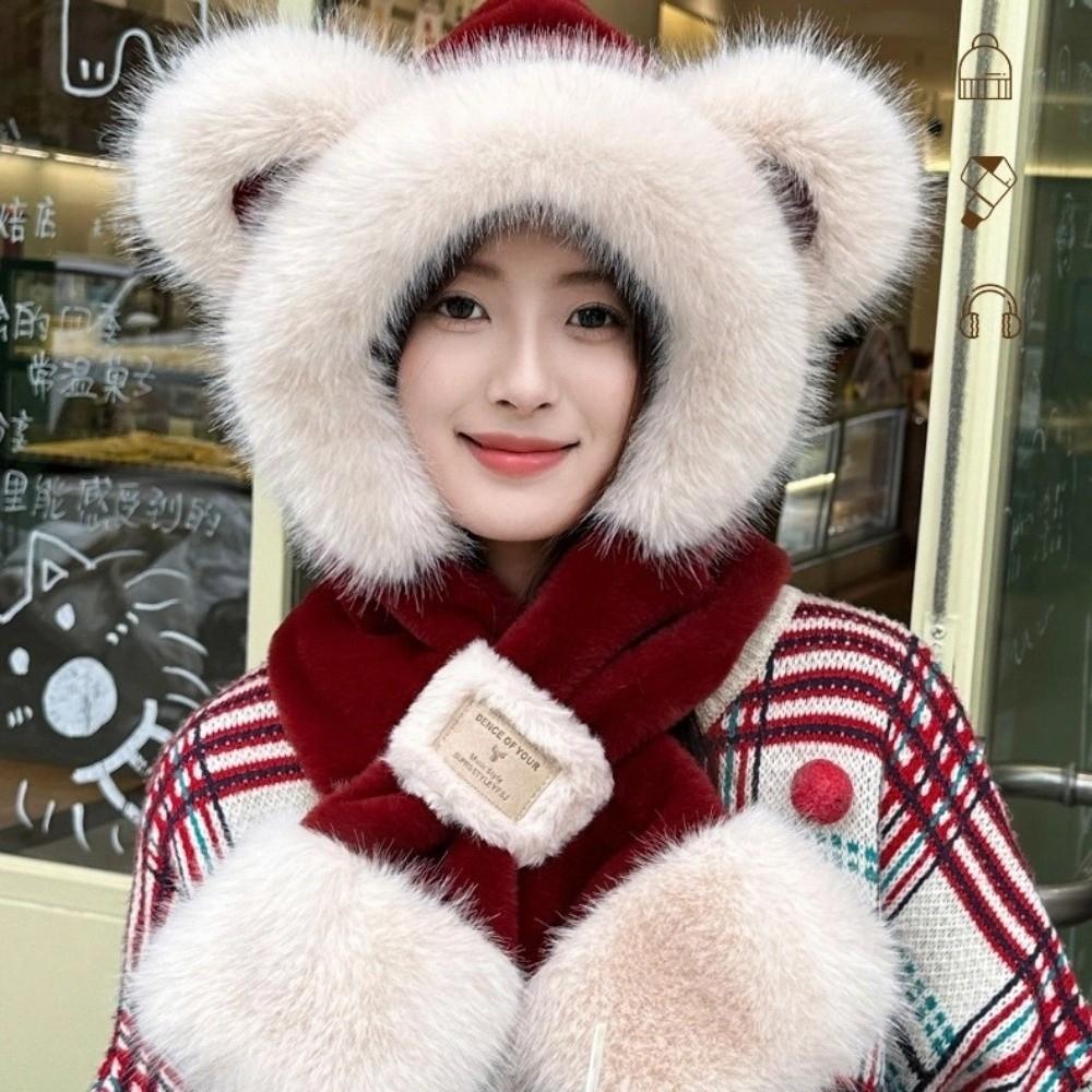 Two-Piece Set Plush Bear Hat Scarf Thickened Neck Warmer Hat Cute Ear Protection Hooded  Winter