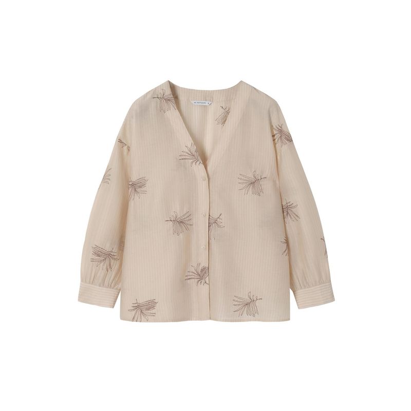 

Foreign Trade Pure Yuan Single Tencel Lyocell Leaves Exquisite Embroidery Loose Women Early Autumn Thin Shirts blouses Top Light brown 44