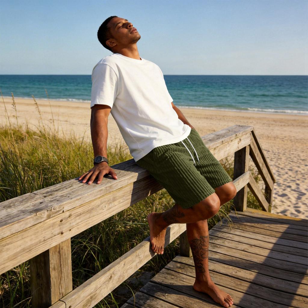 Men Corduroy Shorts Elastic Waist Drawstring Embroidered Casual Relaxed Fit Classic Style 1979 Design