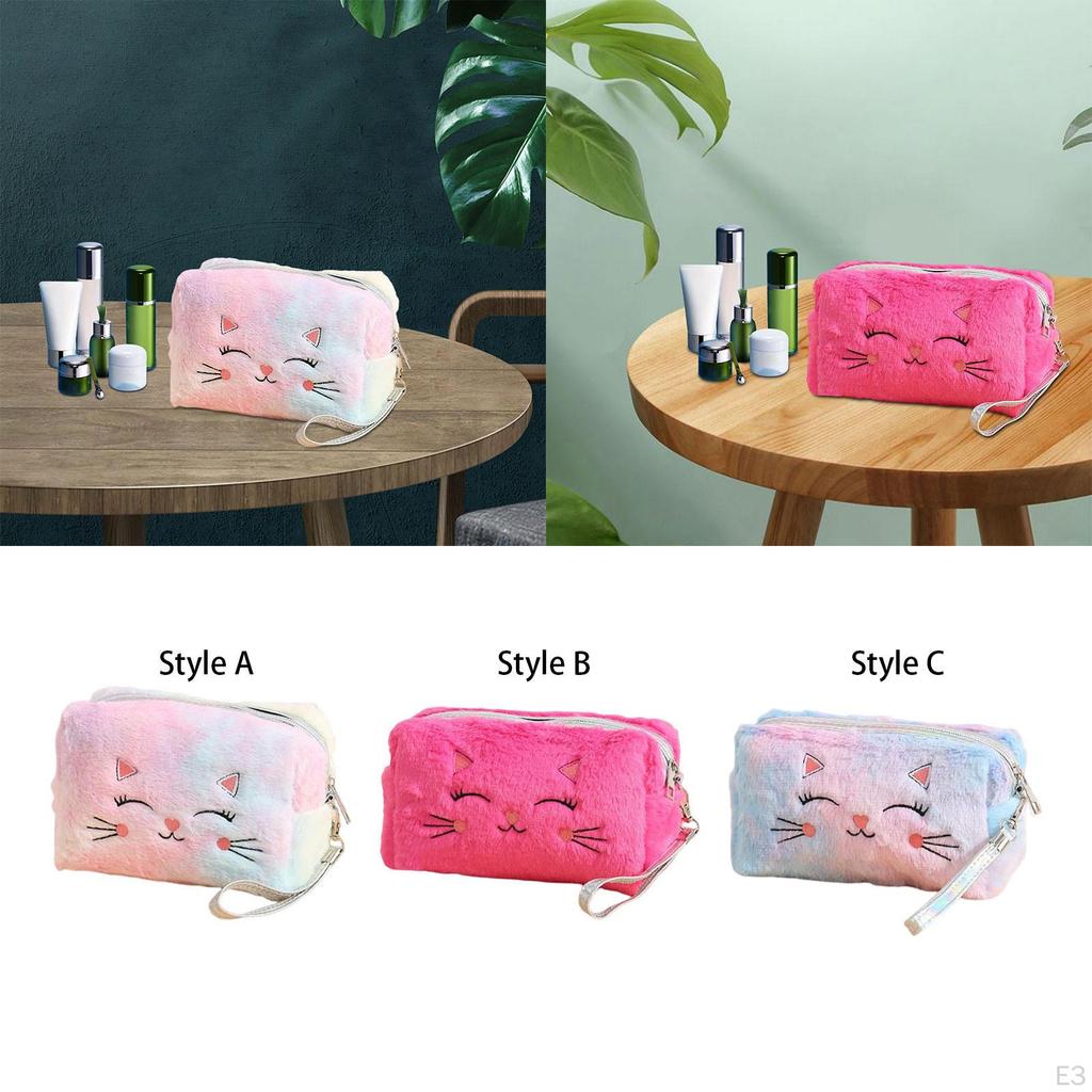 Cute Cat Plush Cosmetic Bag for Women Girls Multifunctional Brushes Storage Travel Portable