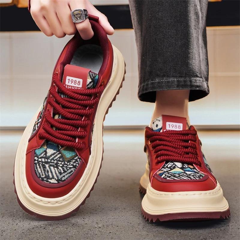 Men Sneaker Designer Fashion Casual Retro Skateboarding Shoes Leather Fabric Breathable Height Increased Flat Platform Shoes2025