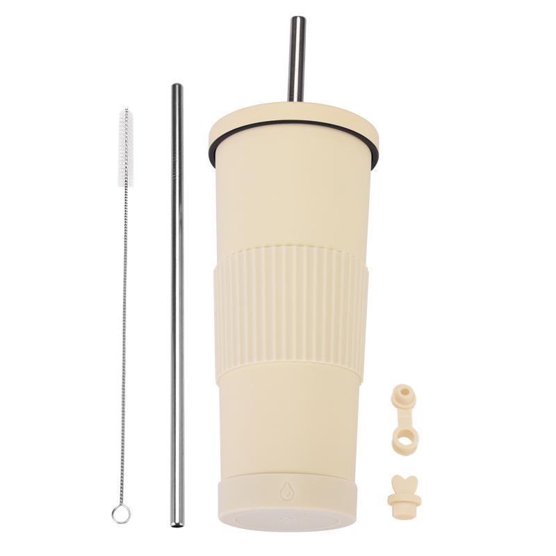 830Ml Stainless Steel Straw Cup Large Capacity Non-Slip Sleeve Straw Thermos Cup Simple Car Water Cup