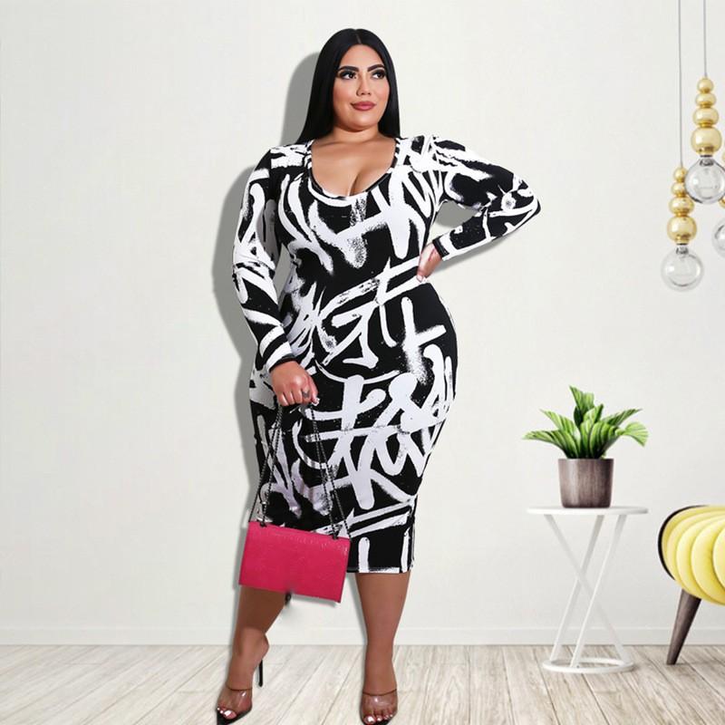 Plus Size Womens Floral Print Dress Long Sleeve Midi Sweet Style Casual Wear
