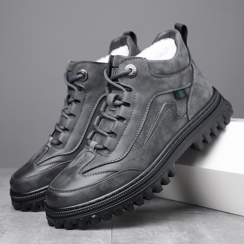 Fashion Classic Mens Winter Boots Genuine Leather Sneakers Fur Plush Snow Shoes Outdoor Warm Ankle Boots Outdoor Male Hiking Shoes Botas