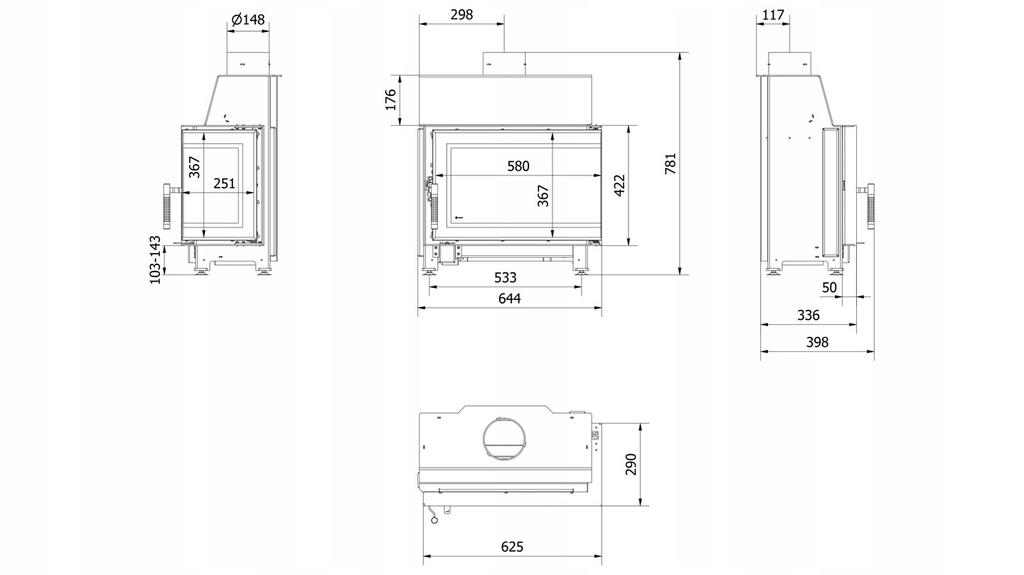 Steel fireplace with closing KRATKI SIMPLE right 6 kW