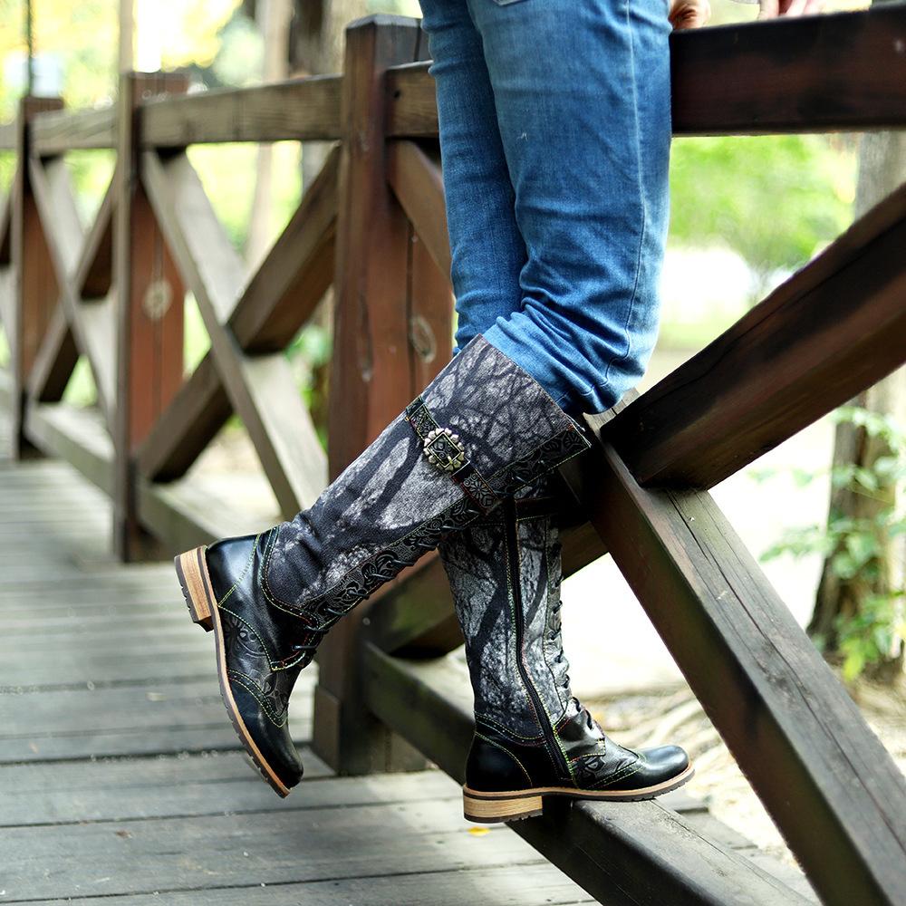 Damen Kniehohe Echtleder 4cm Hohe Absätze Bedruckt Seitenreißverschluss Schnürung Schwarz Kurzer Stiefel 2025 Punk Damen Stiefeletten Designer