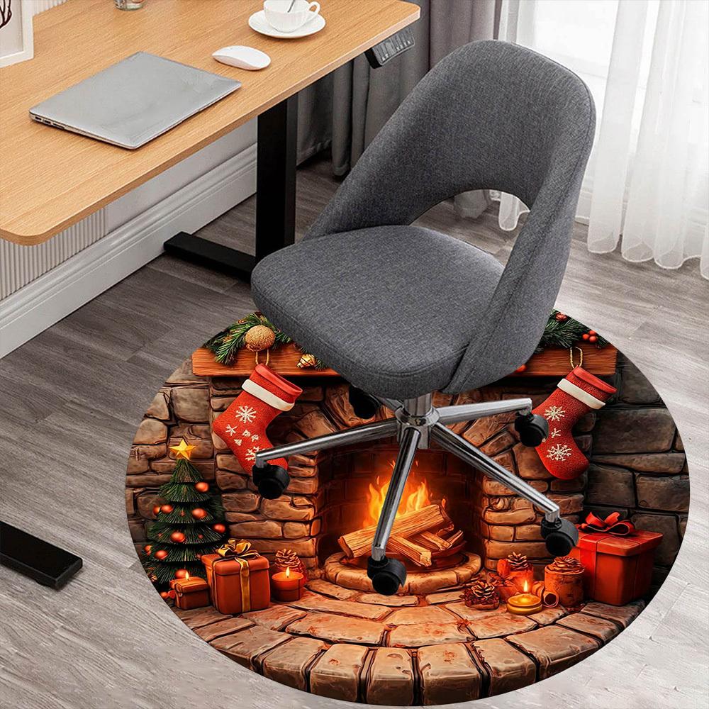 1 Stück Weihnachten Kamin Büro Runder Teppich, Unter Bürostühlen Schlafzimmer Wohnzimmer Heimdekoration, Teppich für Büro, -1110188