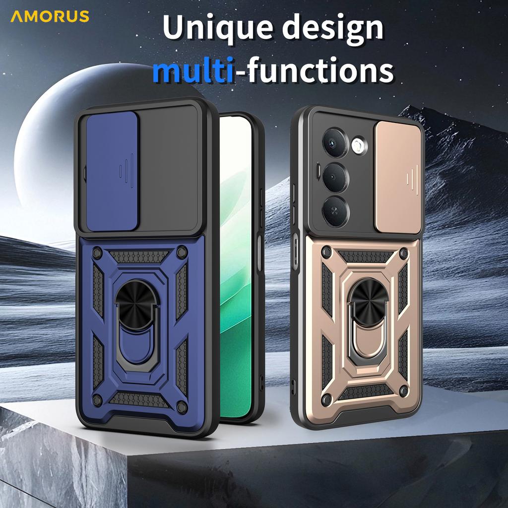 For Xiaomi Redmi 15 4G (EU) (171mm) Case Kickstand PC+TPU Phone Cover with Camera Lens Slider