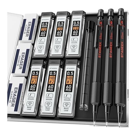 STAGEEK 3-piece metal mechanical pencil set, 0.5mm drafting mechanical pencil, 6 HB 2B refills, 4B eraser, replacement eraser cap included, non-slip