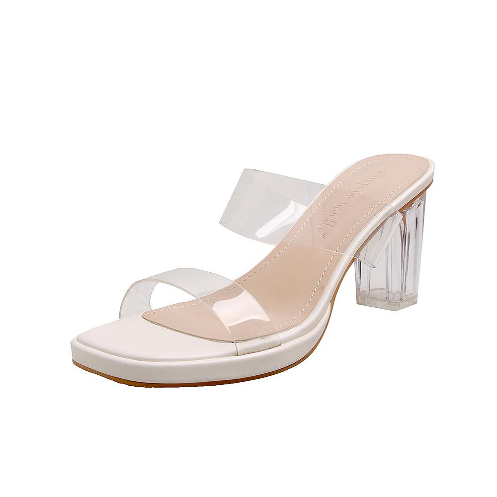 Transparent high-heeled sandals for women's 2025 summer new one-word with thick-soled waterproof table thick-heeled crystal slippers for women's ou