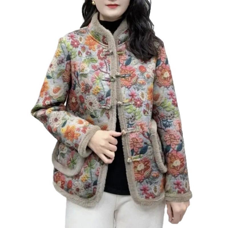Winter New Velvet Buckle Floral Cotton-padded Clothes Fashion Old Mother Thick Coat Cotton-padded Clothes