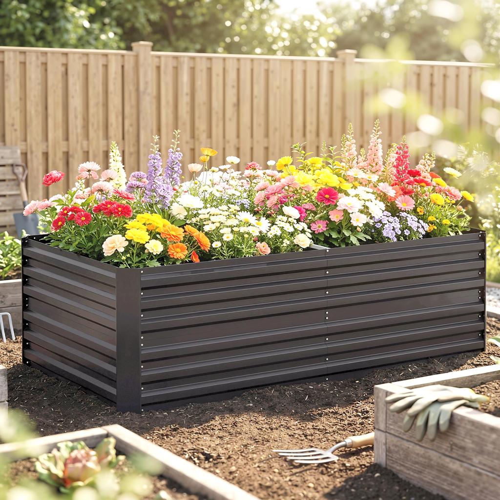 Raised Beds for Garden, Galvanised Steel Outdoor Planters with Multi-reinforced Rods, 180 X 90 X 59 Cm, Dark Grey