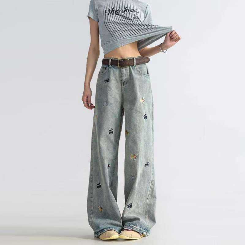 

Women s High-Waisted Wide-Leg Retro Embroidered Cartoon Jeans - 2026 Autumn/Winter Loose Slimming Fit M светло-синий