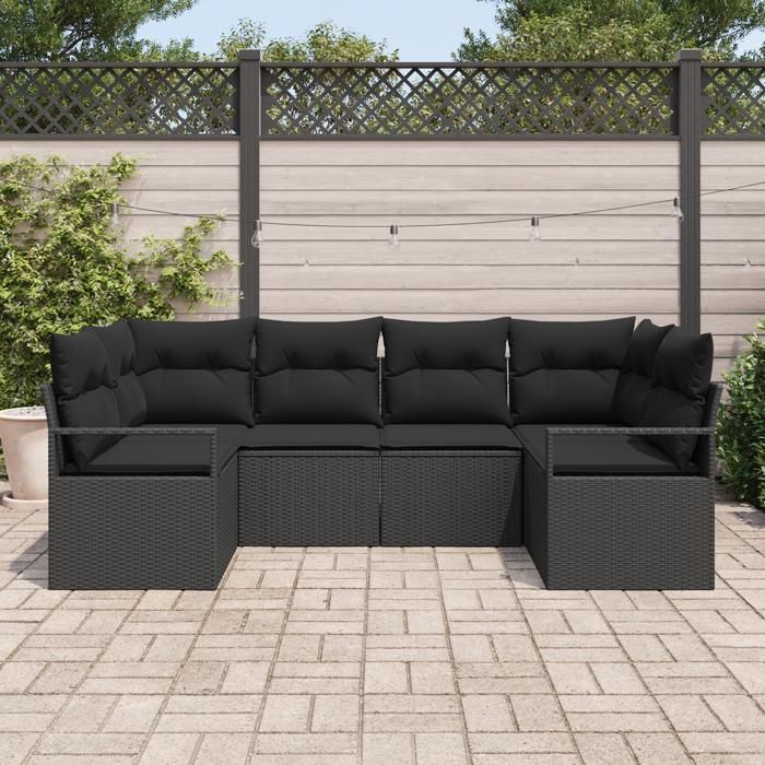 Ensemble de canapé de jardin de 6 pièces avec coussins noir en poly rotin, Canapé de jardin 2 places avec coussins noir 3346523