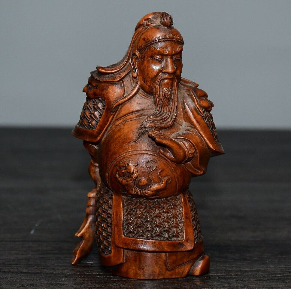 Chinese Natural Boxwood Carved Historical Figure Guan Yu Statue Wooden Figurines