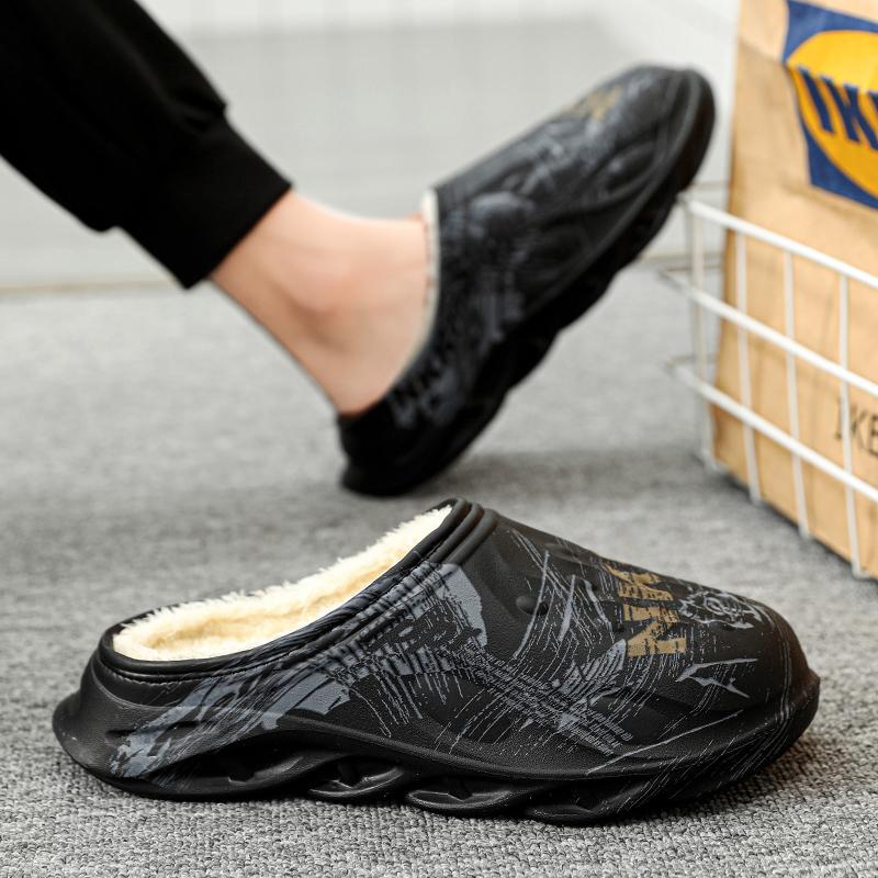 Fashion Slippers Men Winter House Shoes Round Toe Flat Slip-on Fashion Comfortable Elastic Waterproof Non-slip Plus Velvet Keep Warm