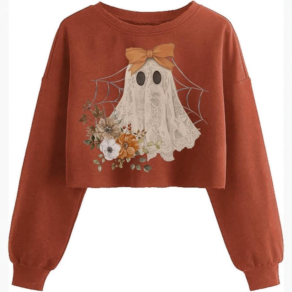 Women's Crop Sweatshirt Fall Halloween Long Sleeve Pullover Sweatshirt