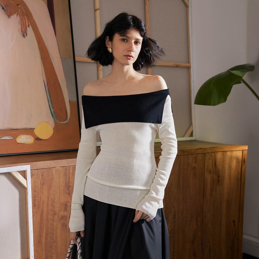 Waiwaiaiem Yy_Contrasting One-Line Neck Top_2Color