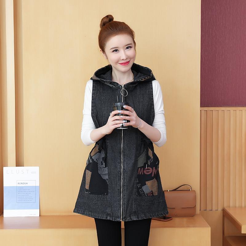 

Джинсова куртка з капюшоном Джинсове пальто Жіноча куртка середньої довжини навесні та осені XL чорний