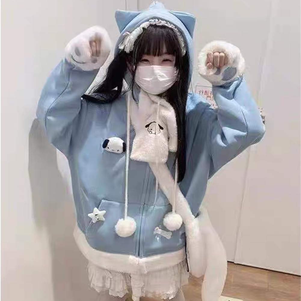 [SDSXZWG] Women's Cat Ear Hoodie, Cute, Subculture Style, Mass-Produced Type, Long Sleeved, Fleece Lined, Thick, Warm, Pockets, Hooded, Y2K Checkered