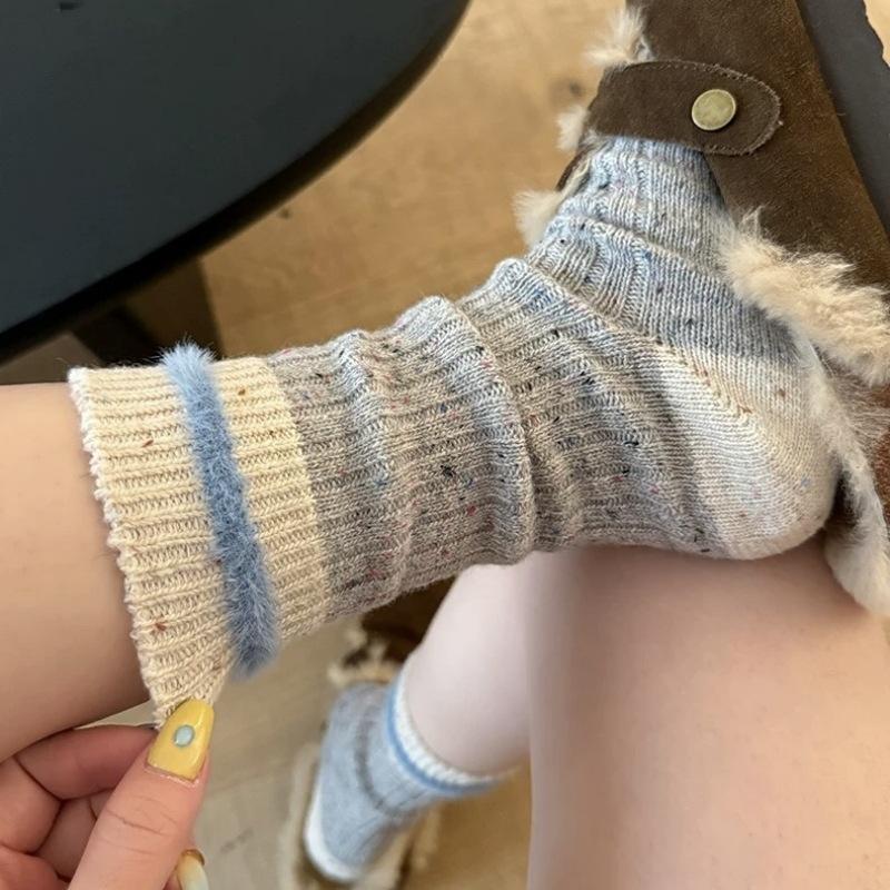 Ladies Winter Plush Warm Striped Wool Mid Barrel Pile Socks